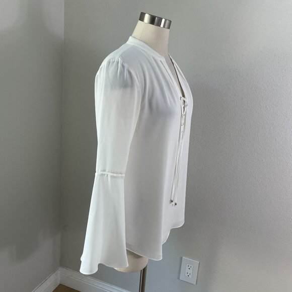White House Black Market Womens 8 Lace Up Blouse Long Bell Sleeve Shirt Top - Picture 3 of 10